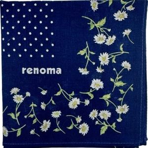 New Renoma Navy Blue Floral Flower Polka Dot Cotton Pocket Square Scarf 17.25”